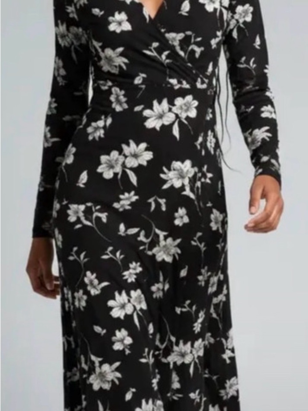 Amazon Black Floral Wrap Maxi Dress with White Print